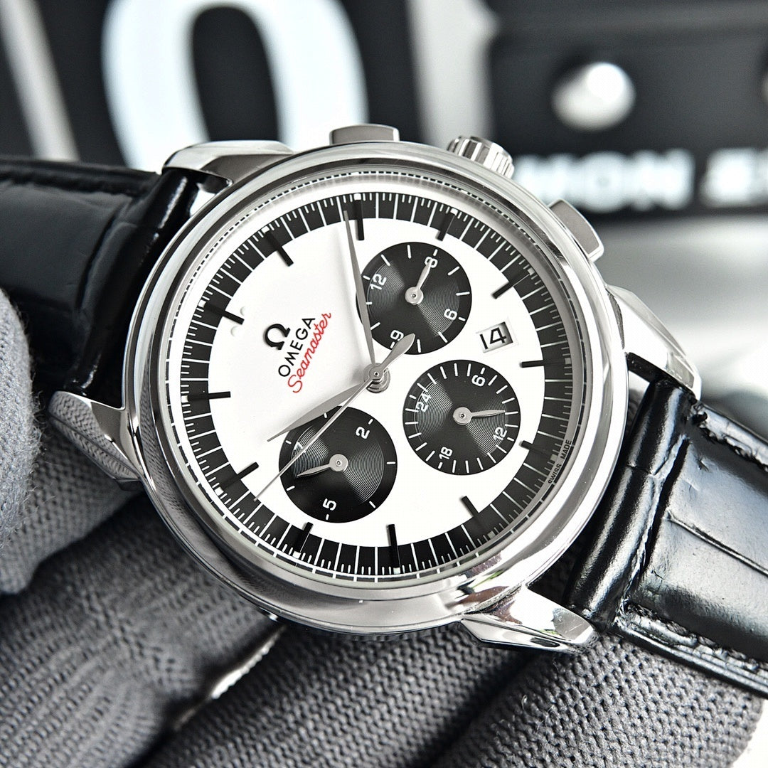 Omega Seamaster chronograph watch front view, black leather strap and white dial