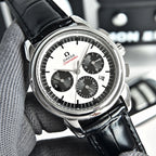 Omega Seamaster chronograph watch angled view, black leather strap and white dial