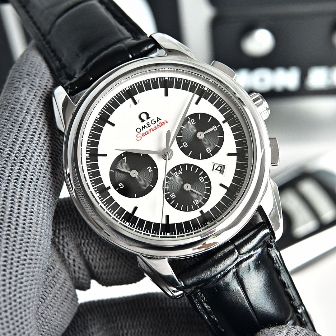 Omega Seamaster chronograph watch angled view, black leather strap and white dial
