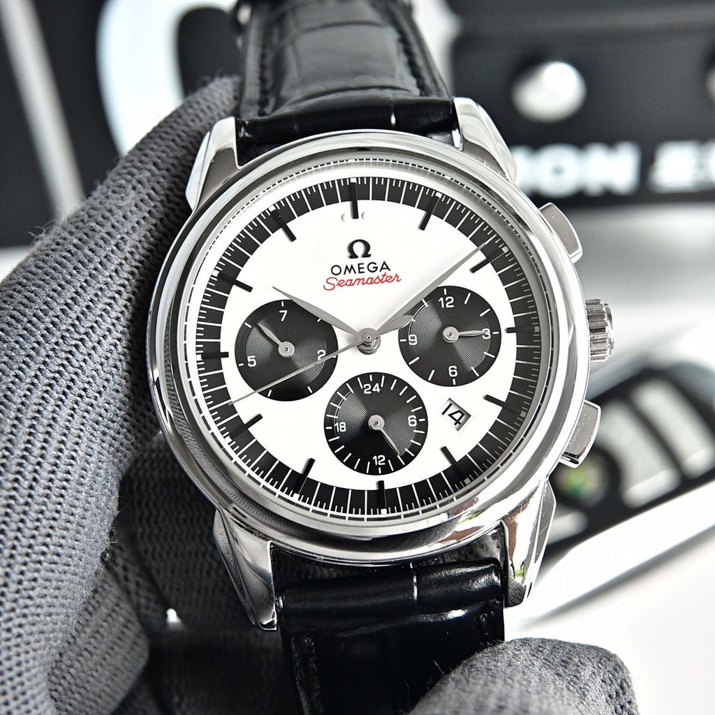 Omega Seamaster chronograph watch front view, black leather strap and white dial
