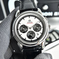 Omega Seamaster chronograph watch with black leather strap and white dial, three subdials