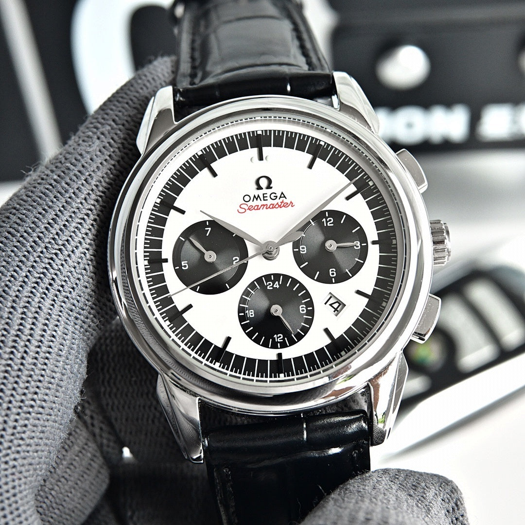 Omega Seamaster chronograph watch with black leather strap and white dial, three subdials