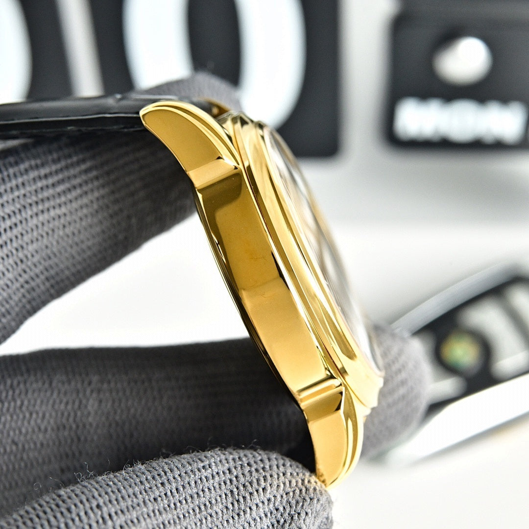 Omega Seamaster gold-tone case side view with crown and black leather strap