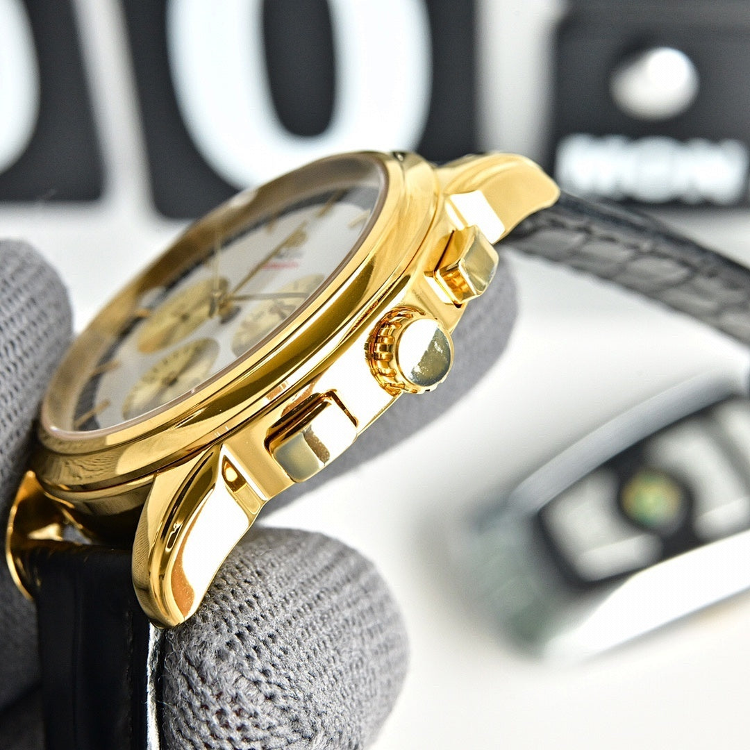 Omega Seamaster gold-tone watch side profile on black leather strap
