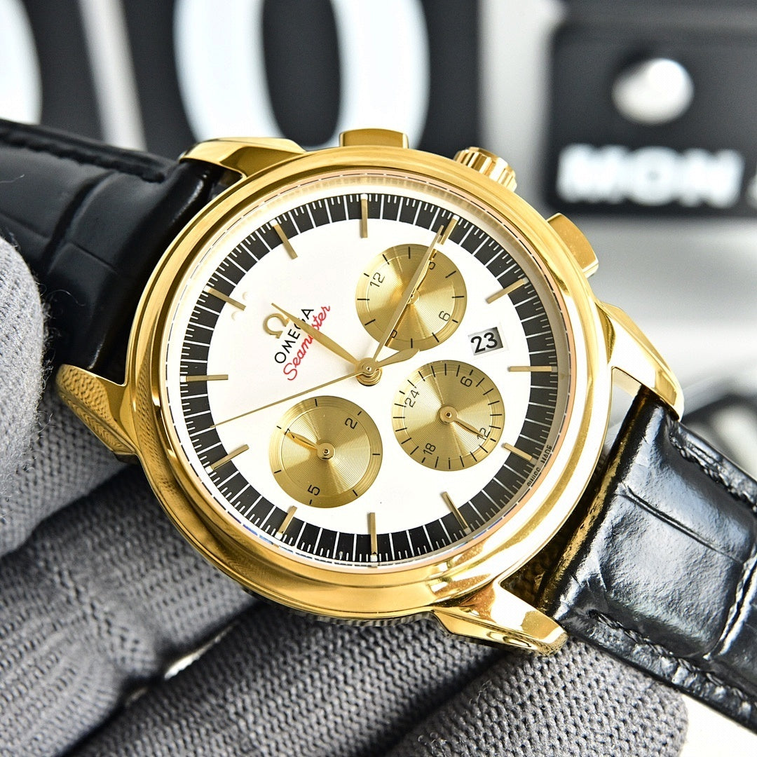 Omega Seamaster gold-tone chronograph wristwatch, white dial with subdials and date window