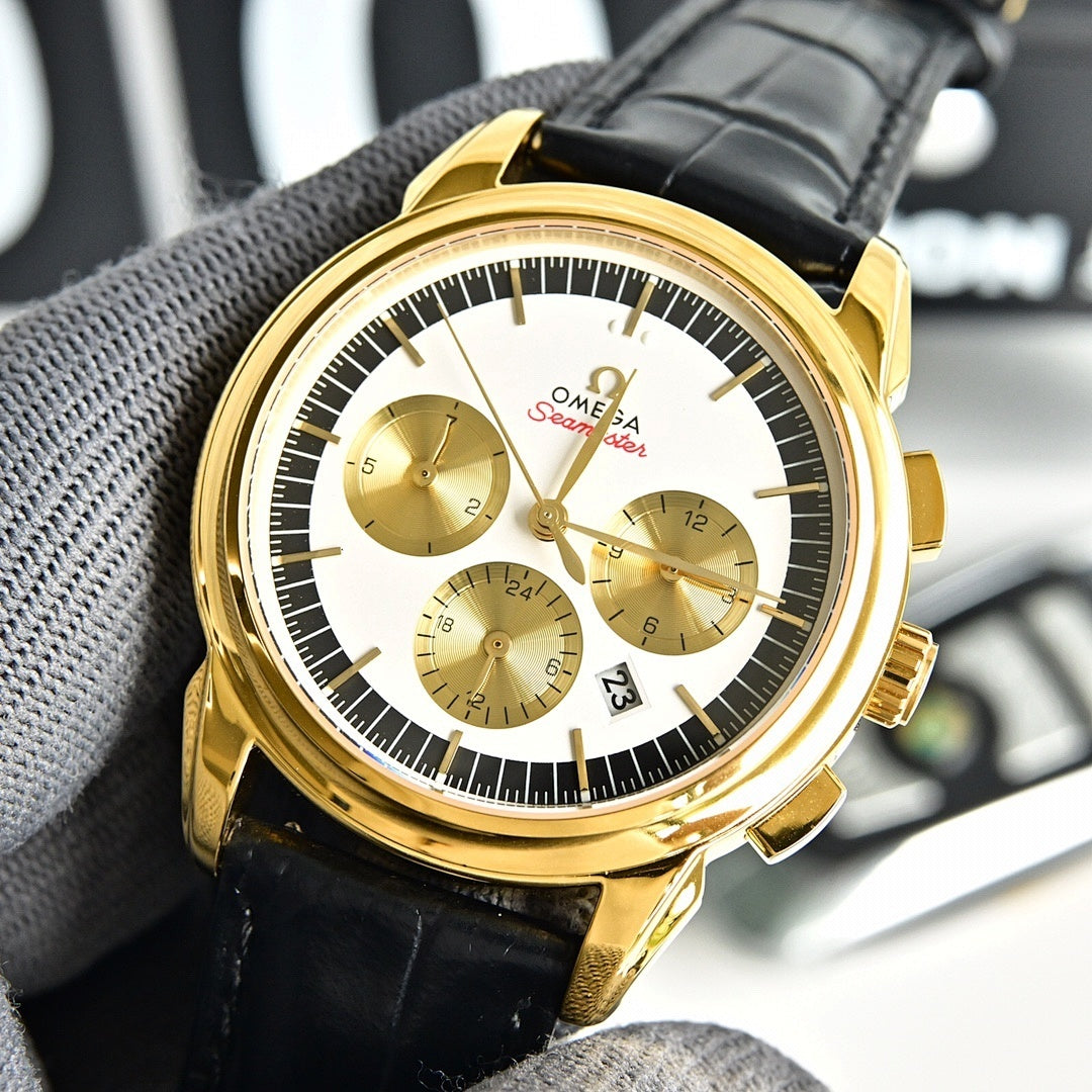 Omega Seamaster gold-tone chronograph wristwatch with black leather strap and white dial