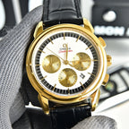 Omega Seamaster gold-tone chronograph wristwatch front view with black leather strap