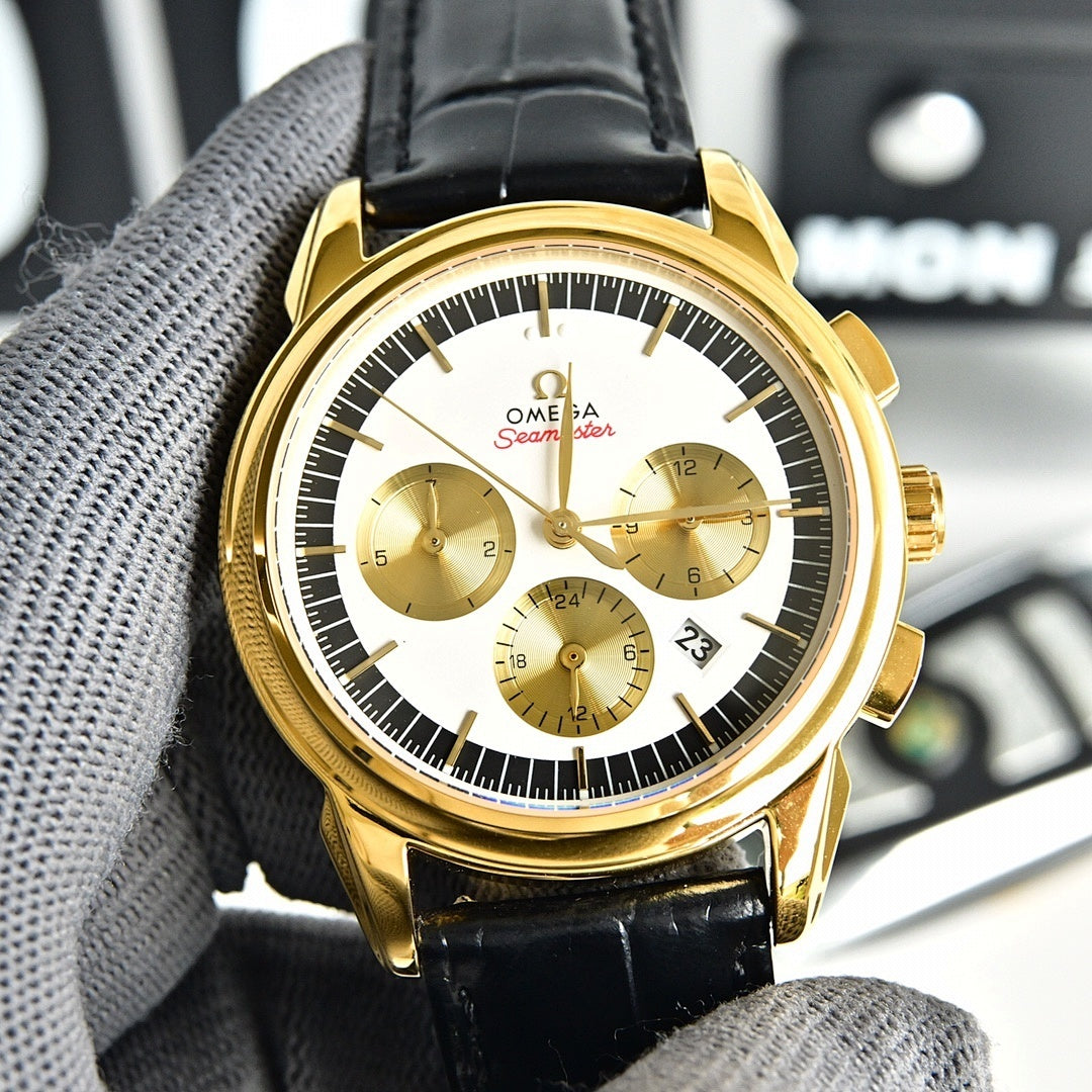 Omega Seamaster gold-tone chronograph wristwatch front view with black leather strap