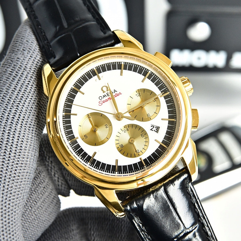 Omega Seamaster gold-tone chronograph wristwatch with black leather strap and white dial
