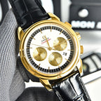 Omega Seamaster gold-tone chronograph wristwatch with black leather strap and white dial