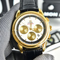 Omega Seamaster gold-tone chronograph wristwatch with black leather strap and white dial