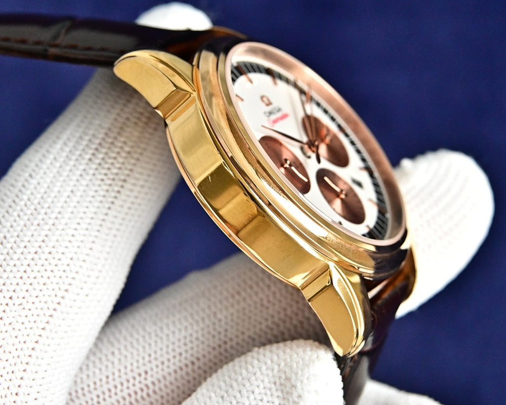 Omega watch side view with gold case and brown leather strap.