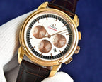 Omega Seamaster watch front view: gold case, white dial, brown leather strap, subdials.