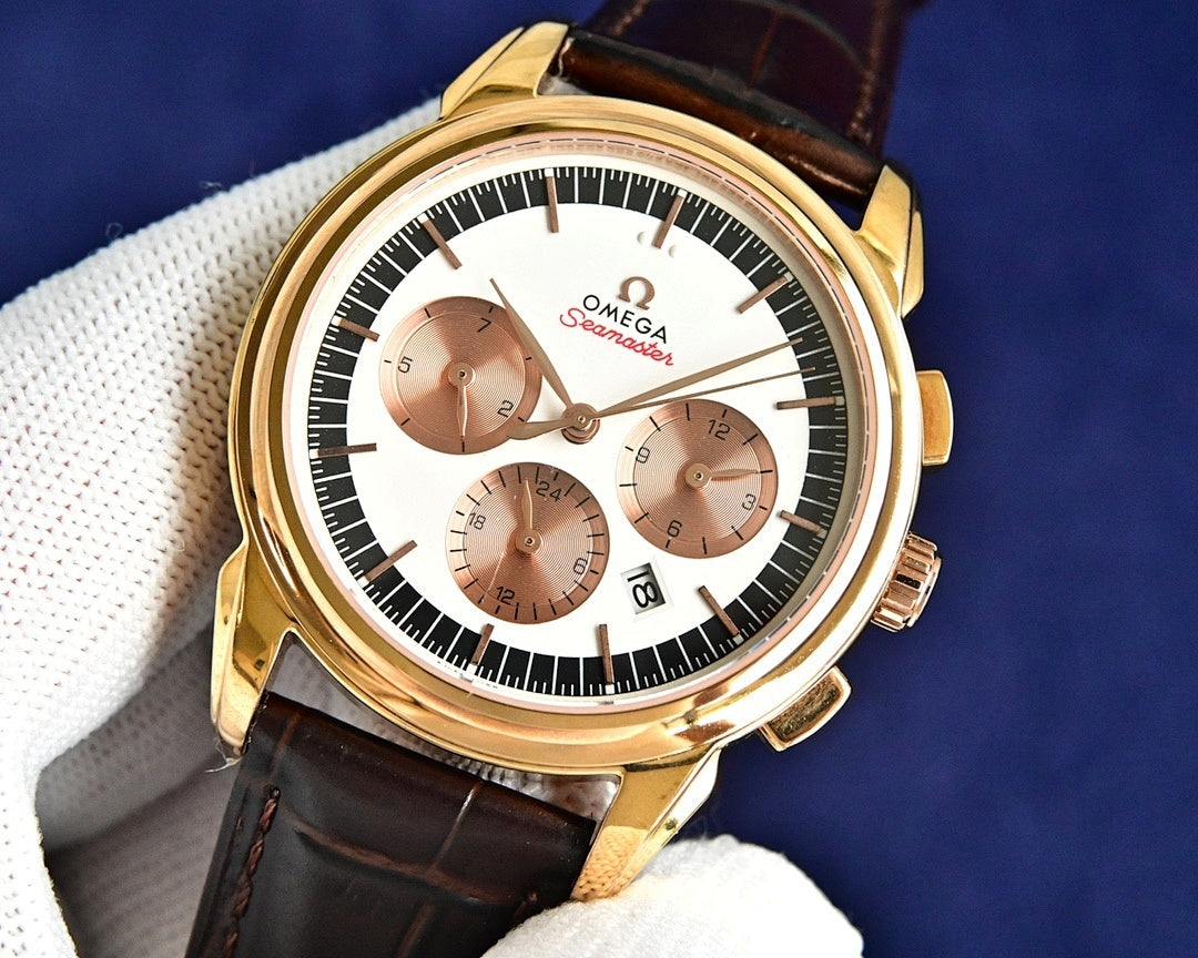 Omega Seamaster watch front view: gold case, white dial, brown leather strap, subdials.