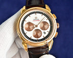 Omega Seamaster watch front view with gold case, white dial, brown leather strap.