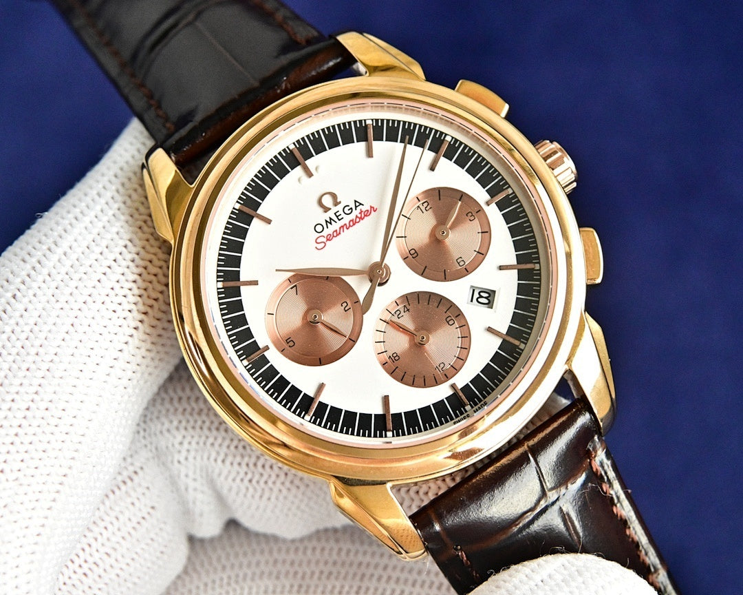 Omega Seamaster watch front view: gold case, white dial, brown leather strap.