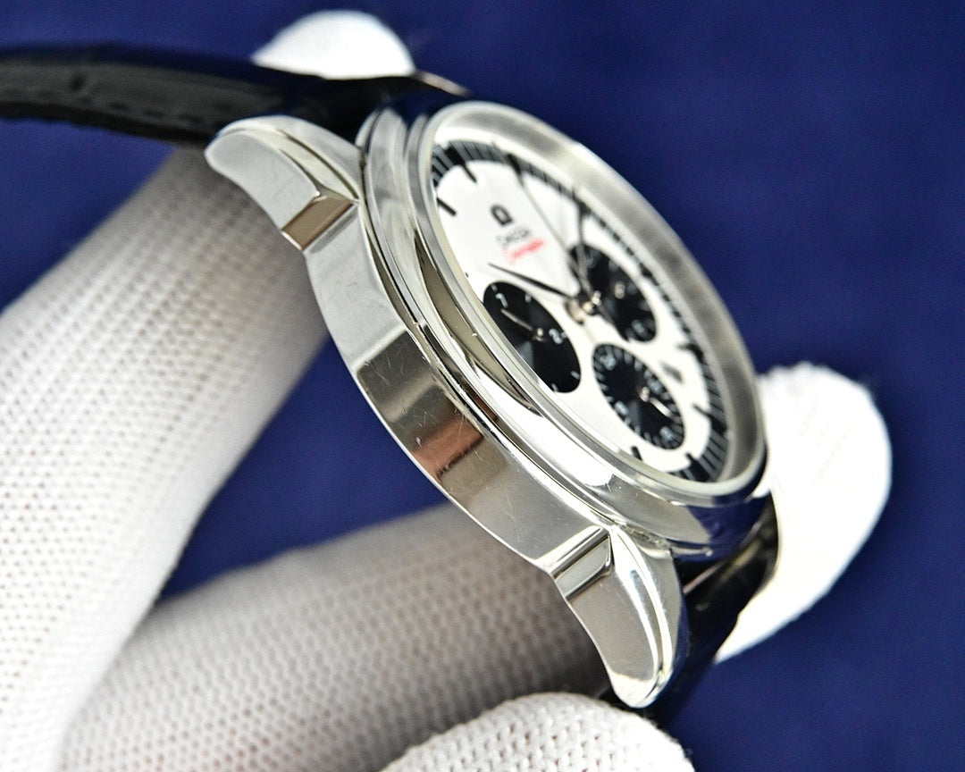 Omega Seamaster watch side view with silver case and black leather strap