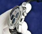 Omega Seamaster watch angled view with silver crown and black leather strap
