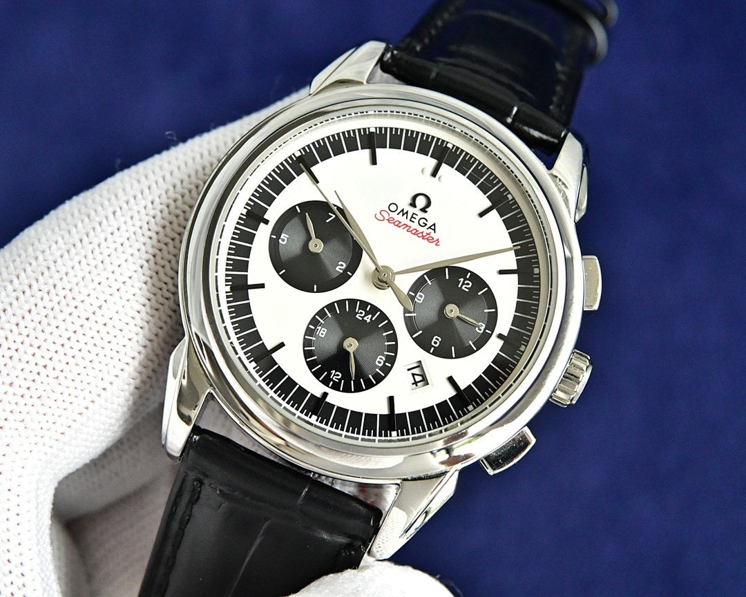 Omega Seamaster chronograph watch with black leather strap and silver bezel
