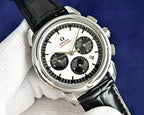Omega Seamaster chronograph watch with black leather strap, silver case, white dial