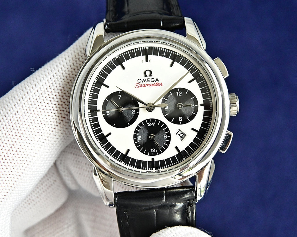 Omega Seamaster chronograph watch front view with black dial subdials and leather strap
