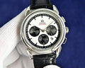 Omega Seamaster chronograph watch with black leather strap and silver case