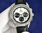 Omega Seamaster chronograph watch with black leather strap and silver case