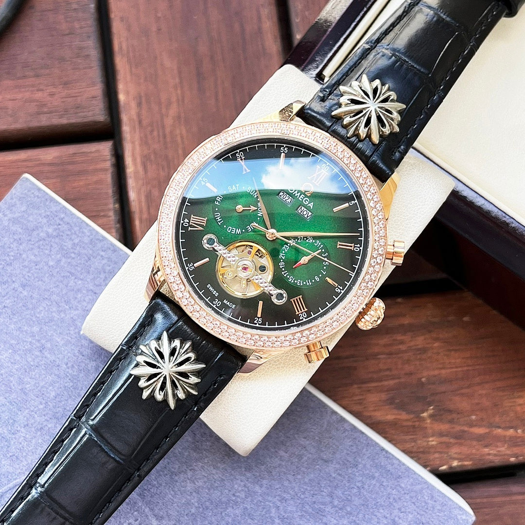 Omega watch with black leather strap, silver-tone bezel, green dial with exposed movement