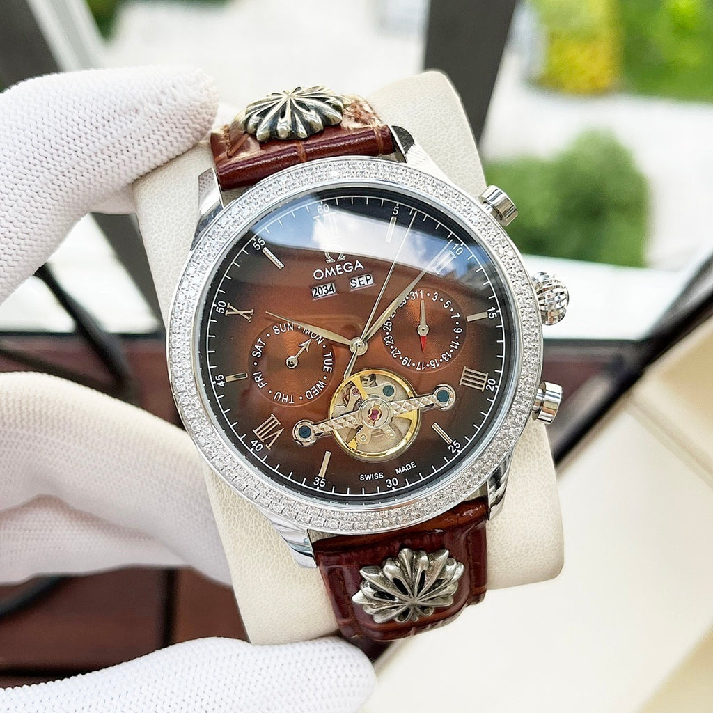 Omega watch with brown leather strap, silver-tone bezel, brown dial with skeleton movement