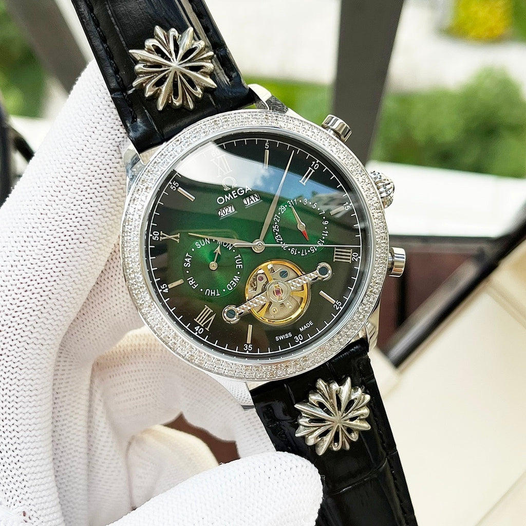 Omega watch with black leather strap, silver-tone bezel, green dial with skeleton movement