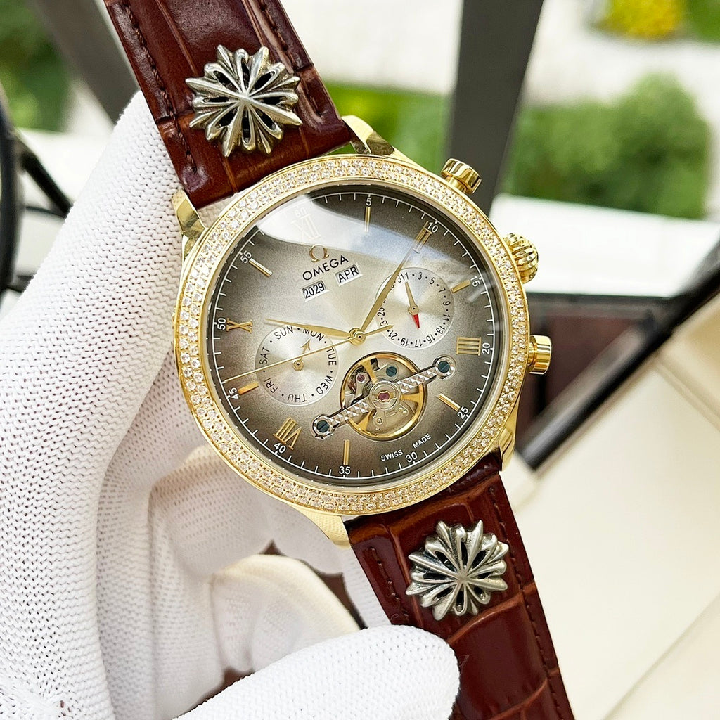 Omega watch with brown leather strap, gold-tone bezel, champagne dial with skeleton movement