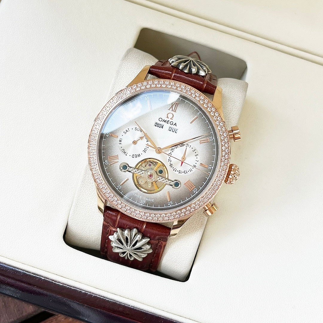 Omega watch with brown leather strap, silver-tone bezel, light dial with skeleton subdials