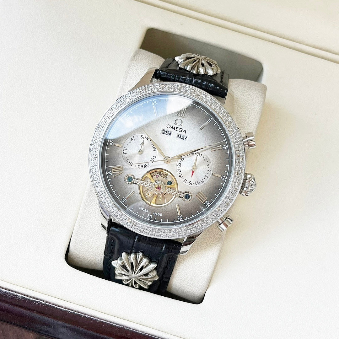 Omega watch with black leather strap, silver-tone bezel, dark dial and detailed subdials