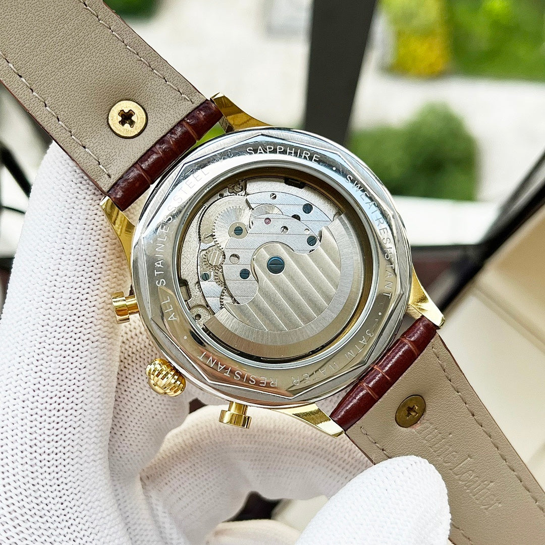 Omega watch case back with visible movement, brown leather strap, gold-tone crown and text