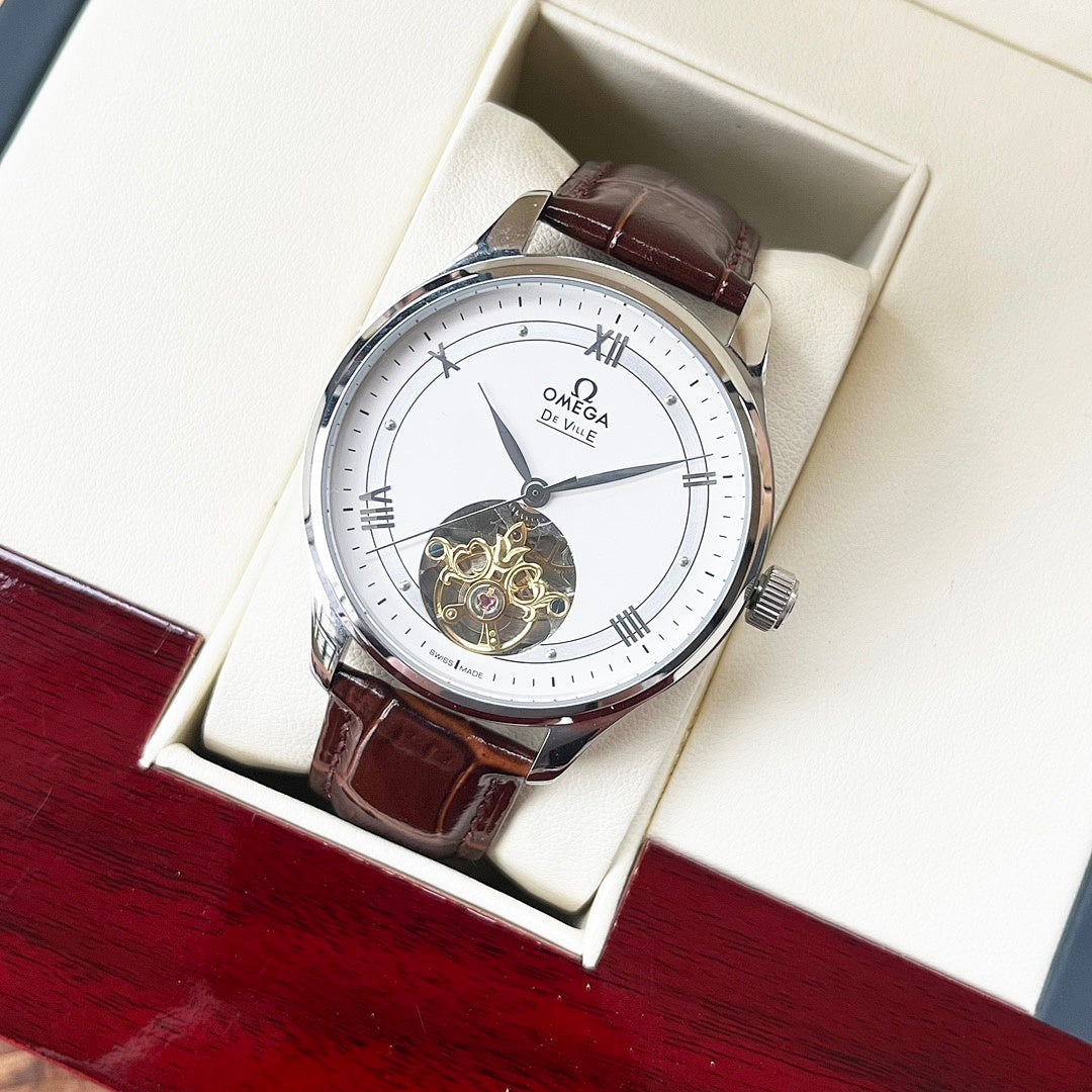 De Ville wristwatch with brown leather strap, white dial, silver case
