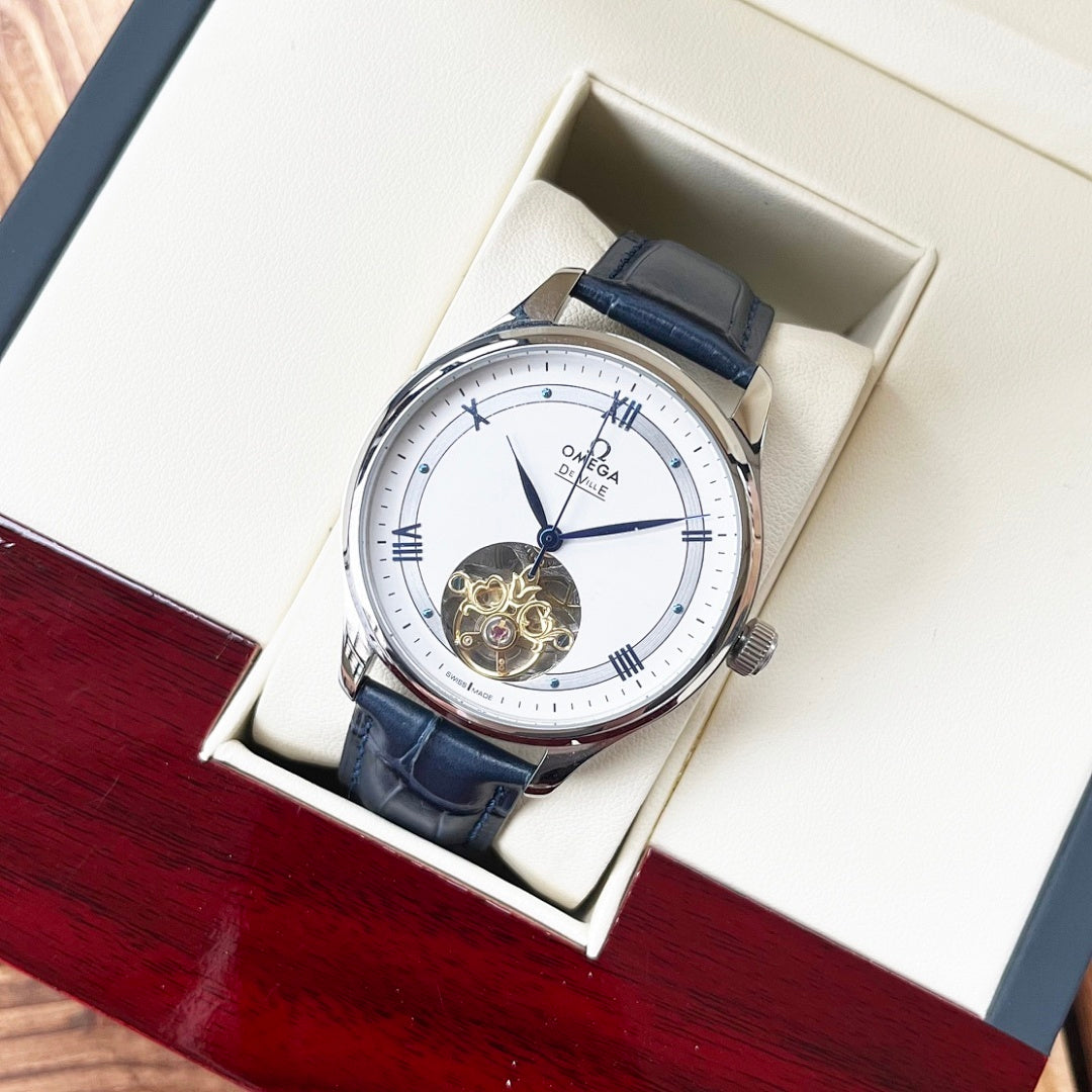 De Ville wristwatch with blue leather strap and white dial in open box