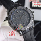 Omega diver watch with black bezel and dark gray dial, date markers, rubber strap