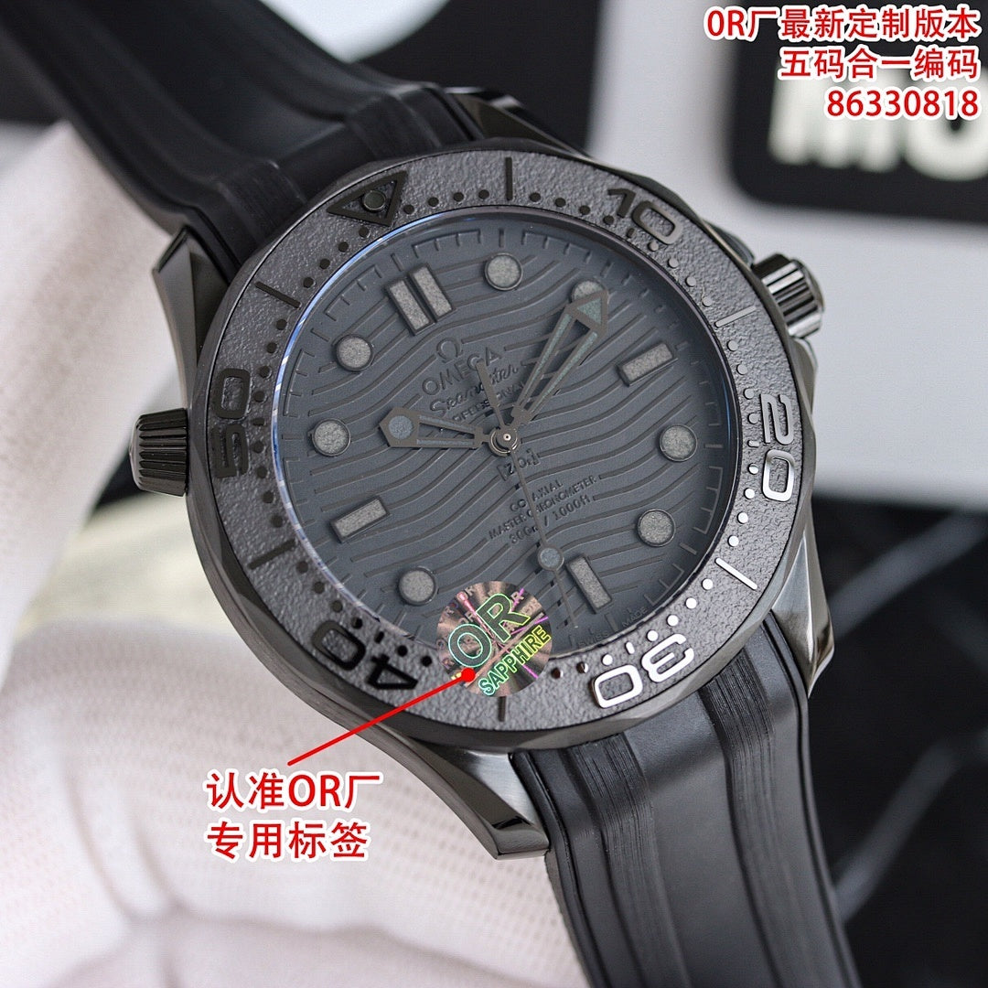 Omega diver watch with black bezel and dark gray dial, date markers, rubber strap