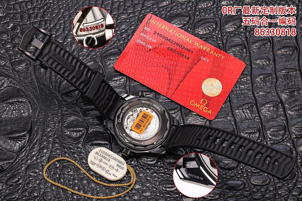 Diver watch with black rubber strap on dark leather, red warranty card and tag included