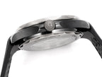 Black diver watch case side view with crown and bezel details.