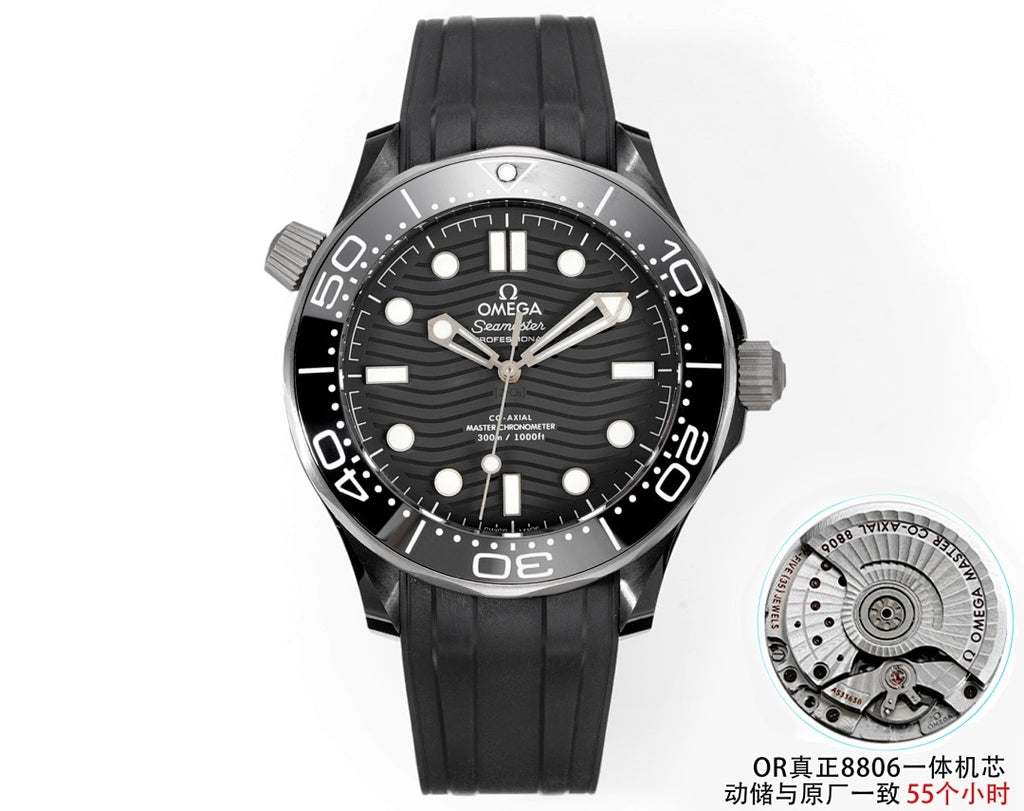 Black diver watch with black rubber strap, black dial, and stainless bezel.