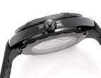 Omega Seamaster watch case profile with crown and black bezel, brushed metal finish.