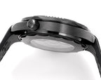 Omega Seamaster watch case side with crown detail and black rubber strap.