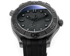 Omega Seamaster watch with black dial and black rubber strap, round bezel and markers.