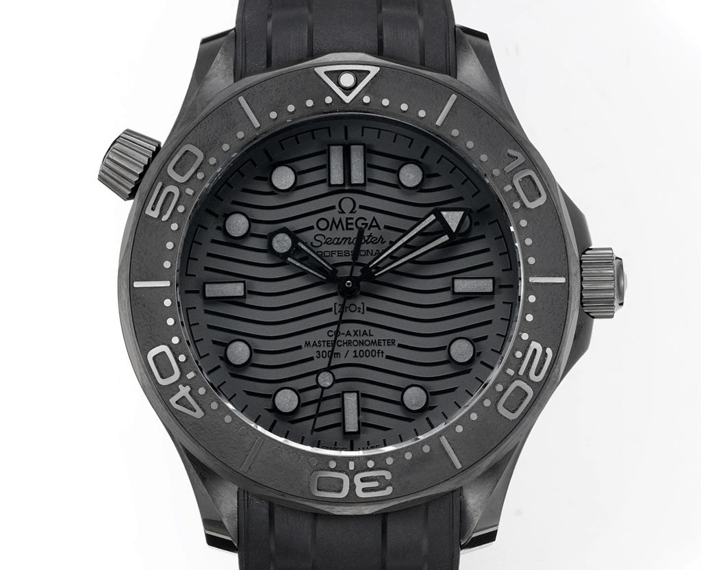 Omega Seamaster watch front with black dial, baton markers, and black rubber strap.