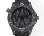 Omega Seamaster watch front with black dial, baton markers, and black rubber strap.