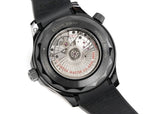 Omega Seamaster watch caseback with exposed mechanical movement and black bezel.