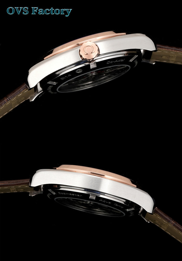 Omega Seamaster watch case close-up with rose-gold bezel and brown leather strap