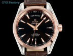 Omega Seamaster wristwatch close-up with dark dial, rose-gold bezel, and brown leather strap