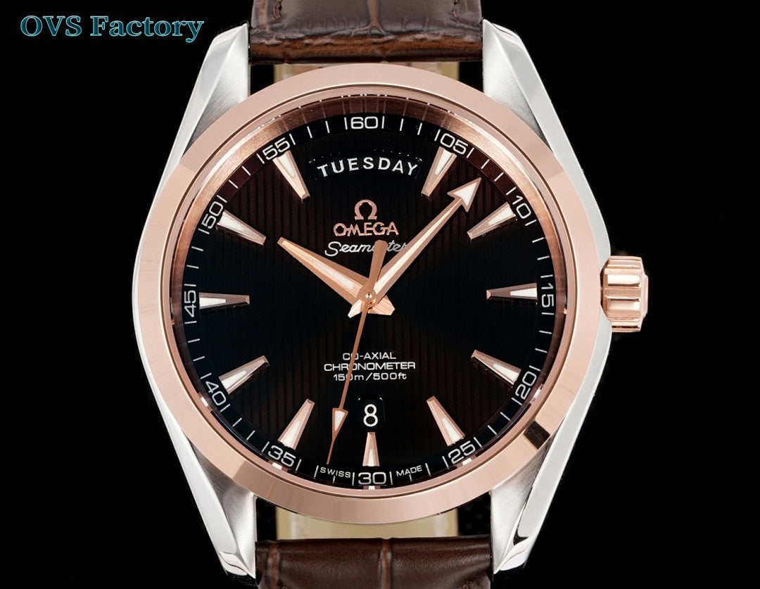 Omega Seamaster wristwatch close-up with dark dial, rose-gold bezel, and brown leather strap